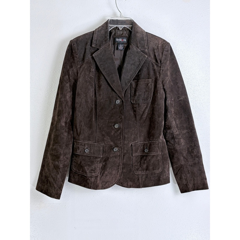 Brown Suede Leather Blazer 3-Button Jacket Style & Co L Fall Style Office Boho